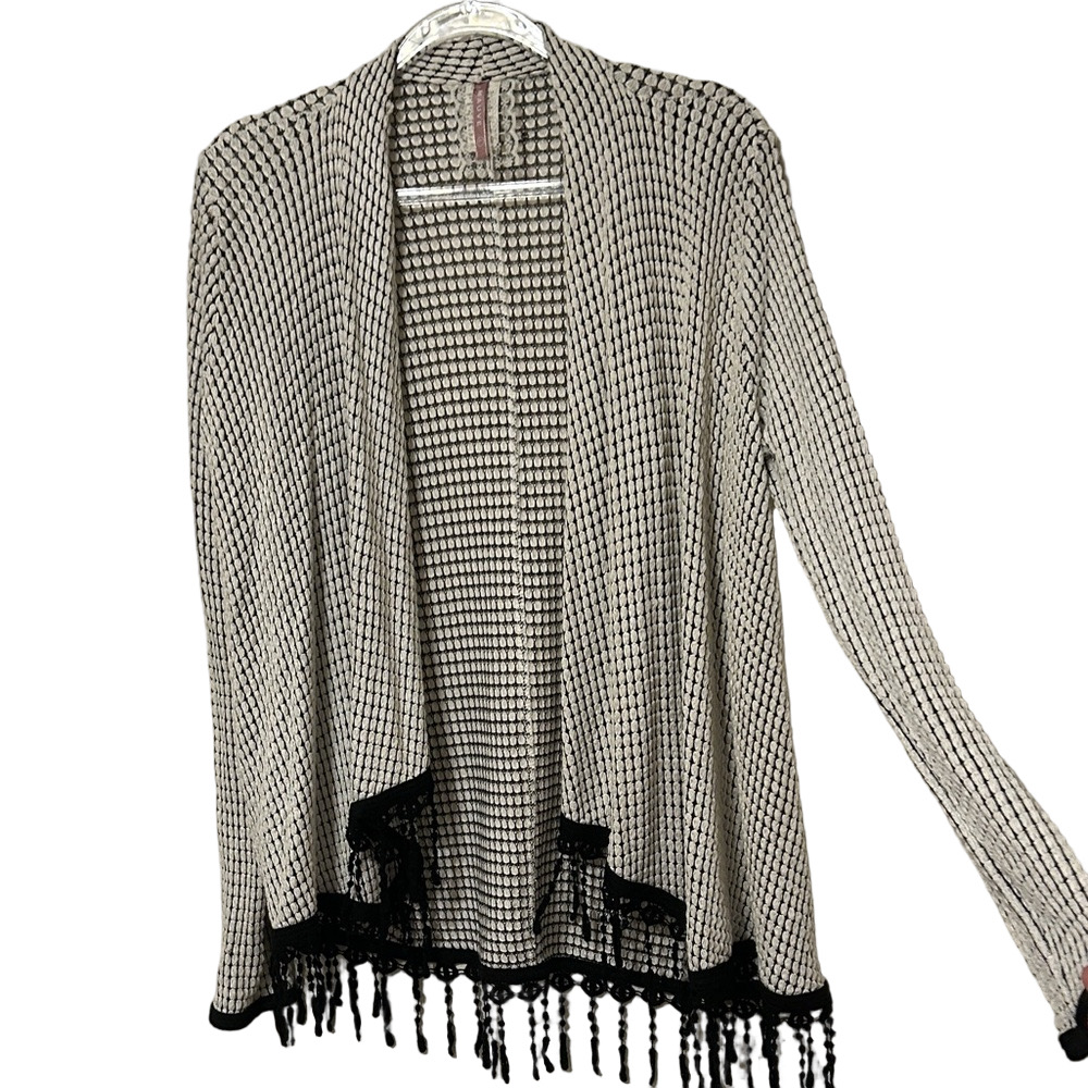 🪗Mauve Black and White Cardigan with Fringe size L GUC